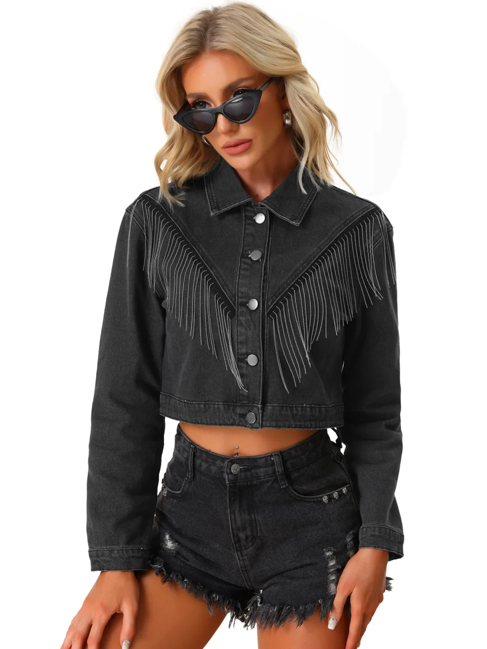 Allegra K- Long Sleeve Button Tassel Denim Jackets