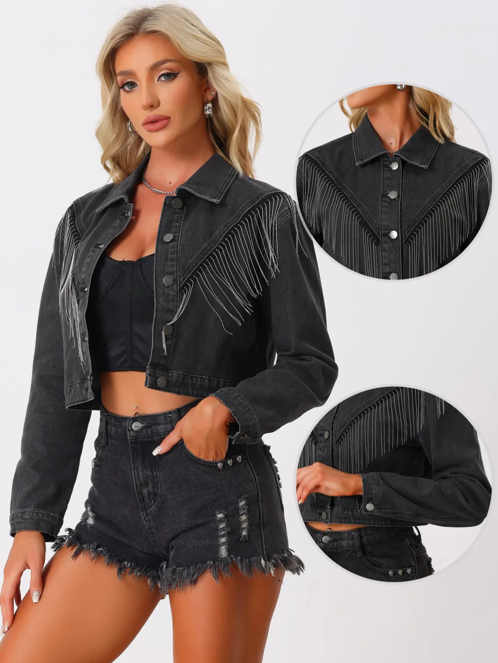 Allegra K- Long Sleeve Button Tassel Denim Jackets