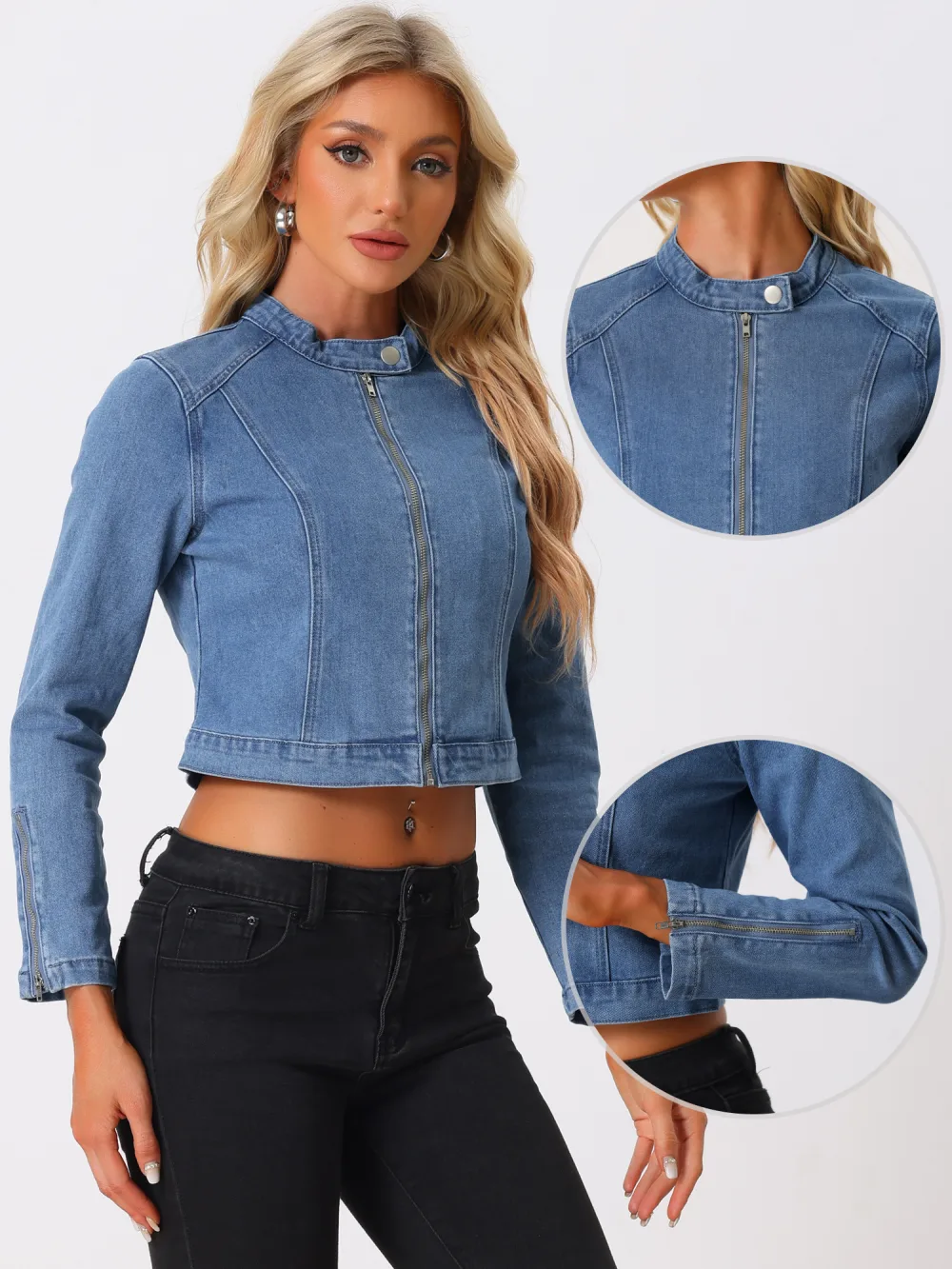 Allegra K- Stand Collar Zip Up Denim Jackets