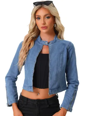 Allegra K- Stand Collar Zip Up Denim Jackets