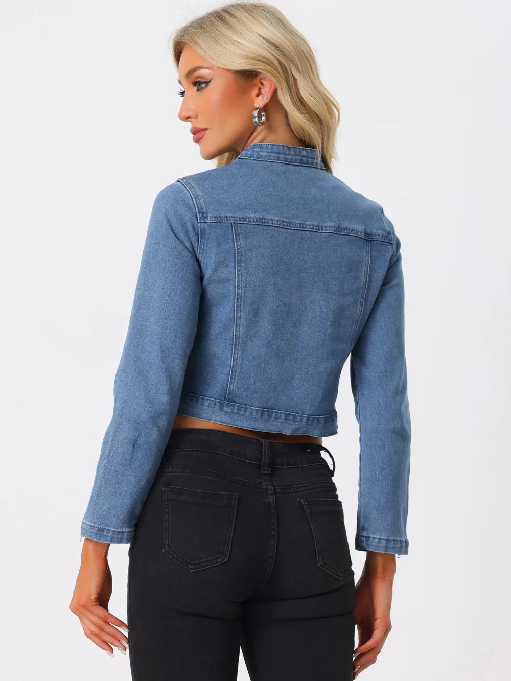 Allegra K- Stand Collar Zip Up Denim Jackets