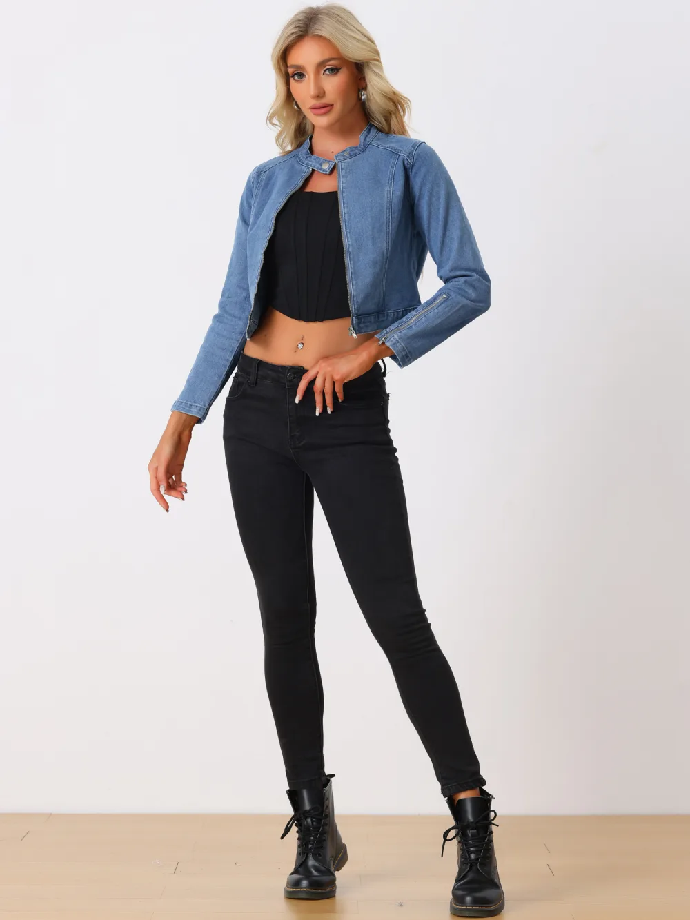 Allegra K- Stand Collar Zip Up Denim Jackets