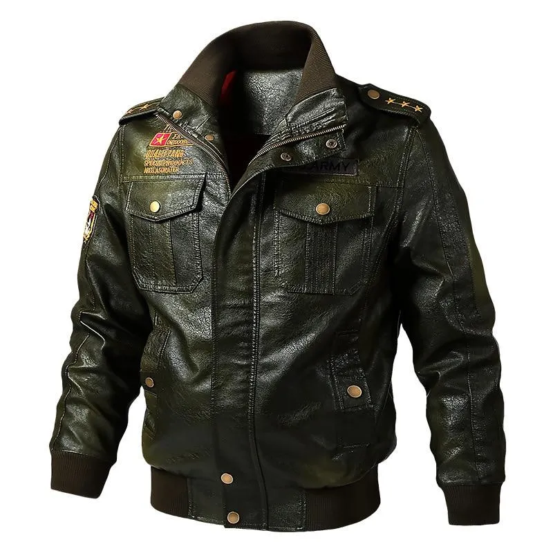 Army Leather Jacket / Military Outerwear Zipper PU Bomber / Stand Collar Biker Jacket