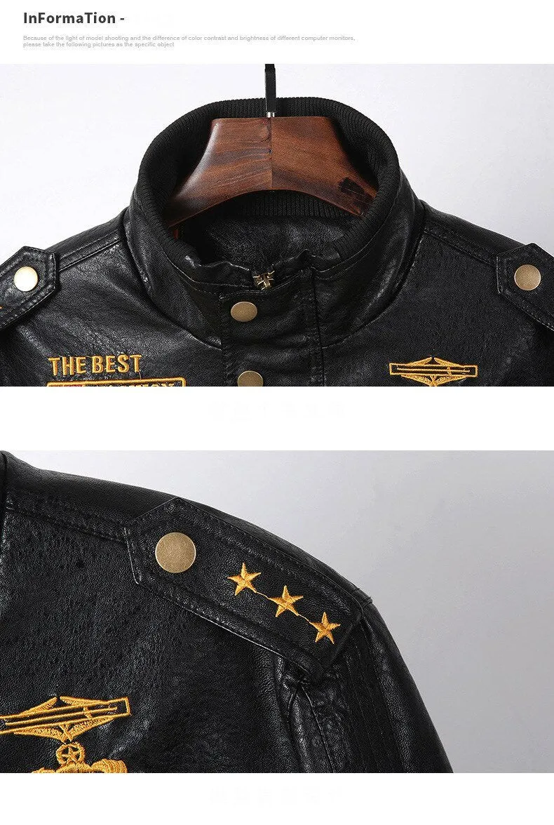 Army Leather Jacket / Military Outerwear Zipper PU Bomber / Stand Collar Biker Jacket