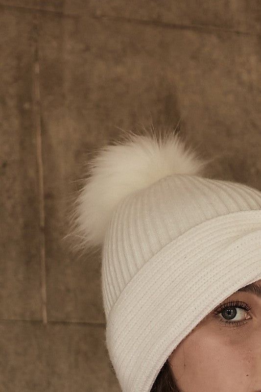 Barossa Bow Beanie Hat Vegan Fur Pom