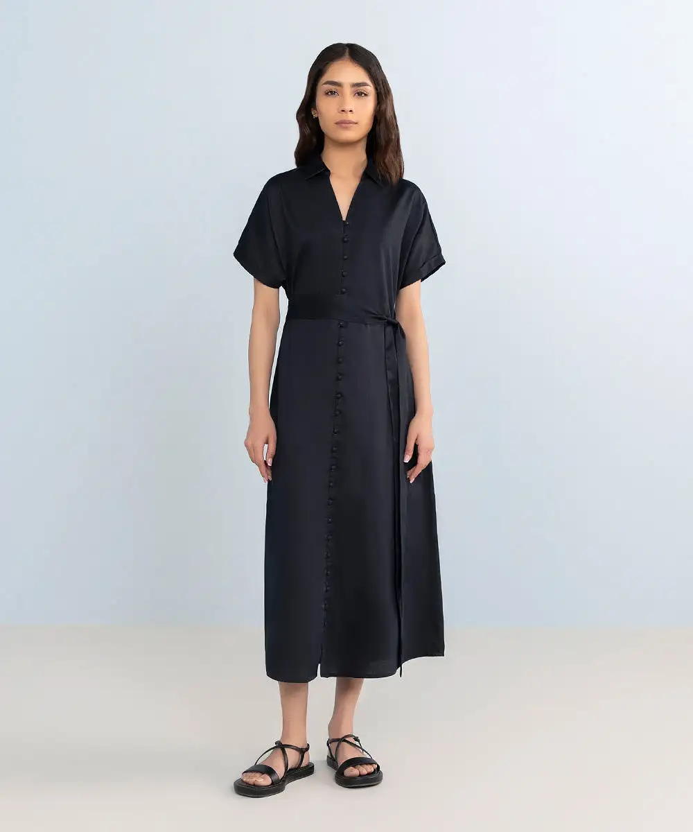 Black Cotton Dress With Belt