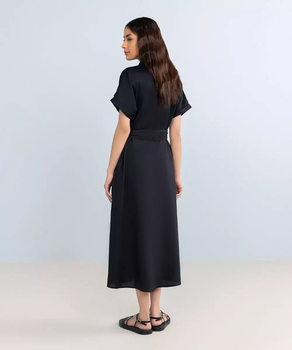 Black Cotton Dress With Belt