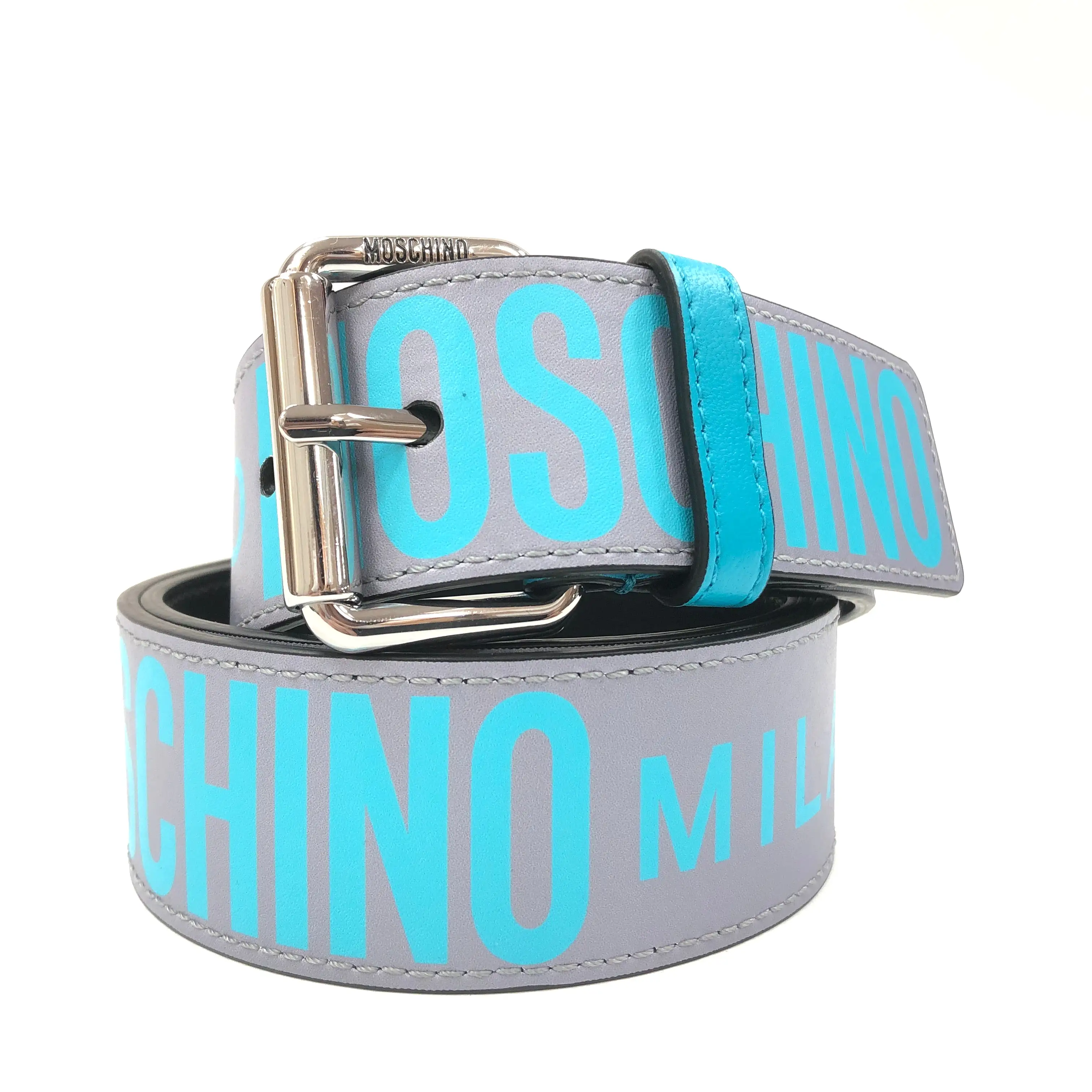 Calfskin Belt With Logo (Grey/Turquoise)