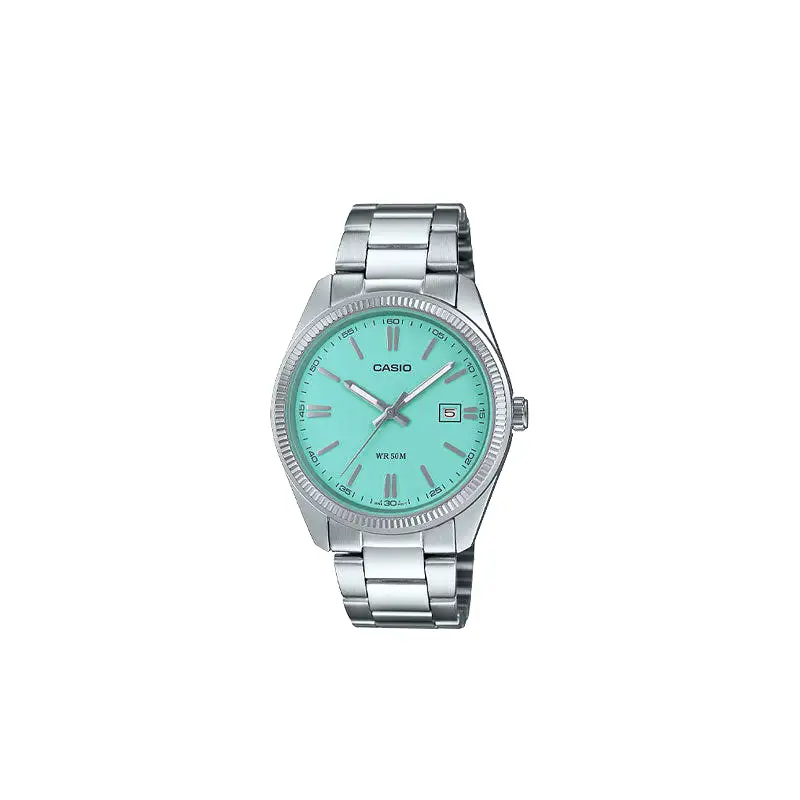 CASIO VINTAGE TURQUOISE BLUE DIAL STAINLESS STEEL ANALOG WATCH MTP1302D-2A2