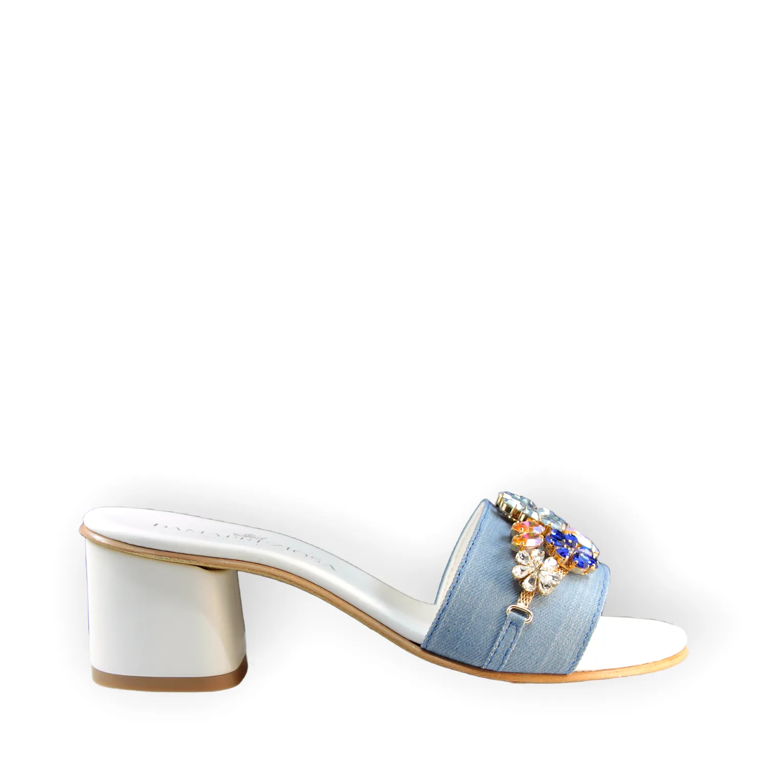 Flora Denim Mule Sandals With Sapphire Crystals