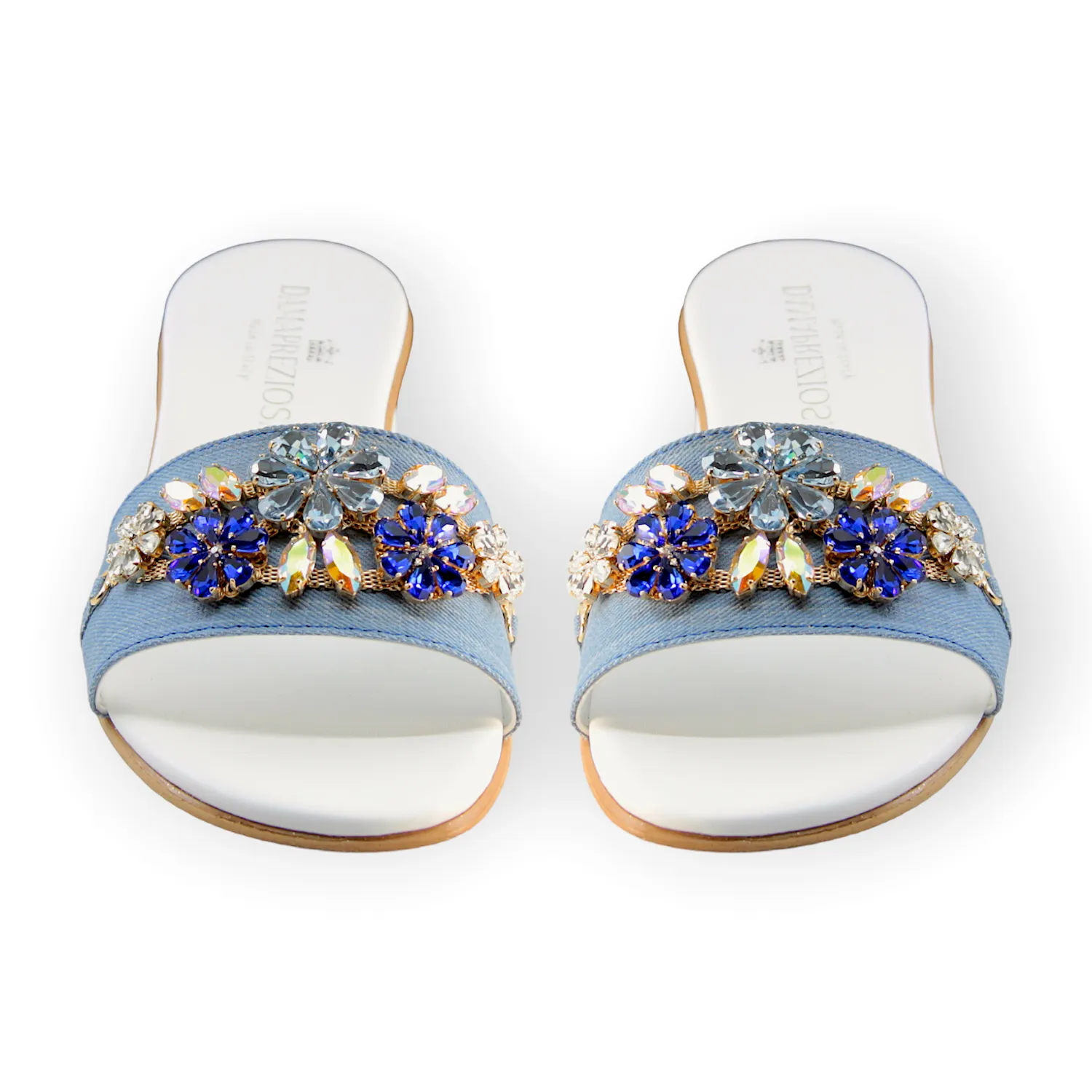 Flora Denim Mule Sandals With Sapphire Crystals