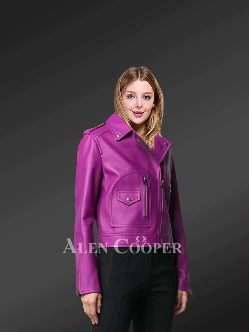 Genuine leather jackets in purple for tasteful women