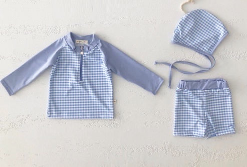 Gingham Swim Rash Guard + Hat Set