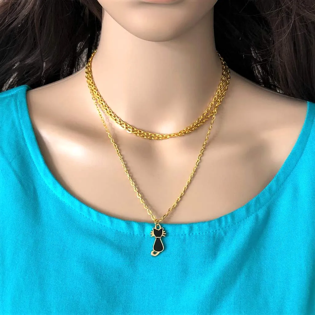 Gold Layered Necklace with Black Enamel Cat Charm