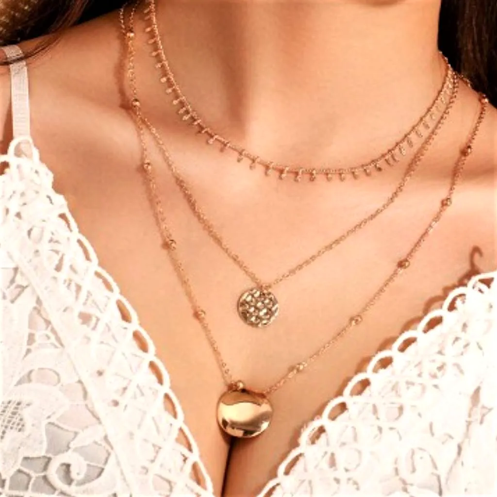 Gold Triple Chain Disc Layered Necklace