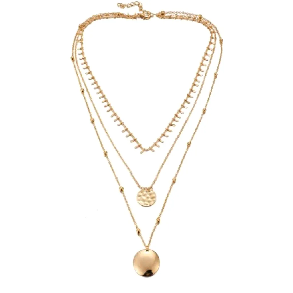 Gold Triple Chain Disc Layered Necklace