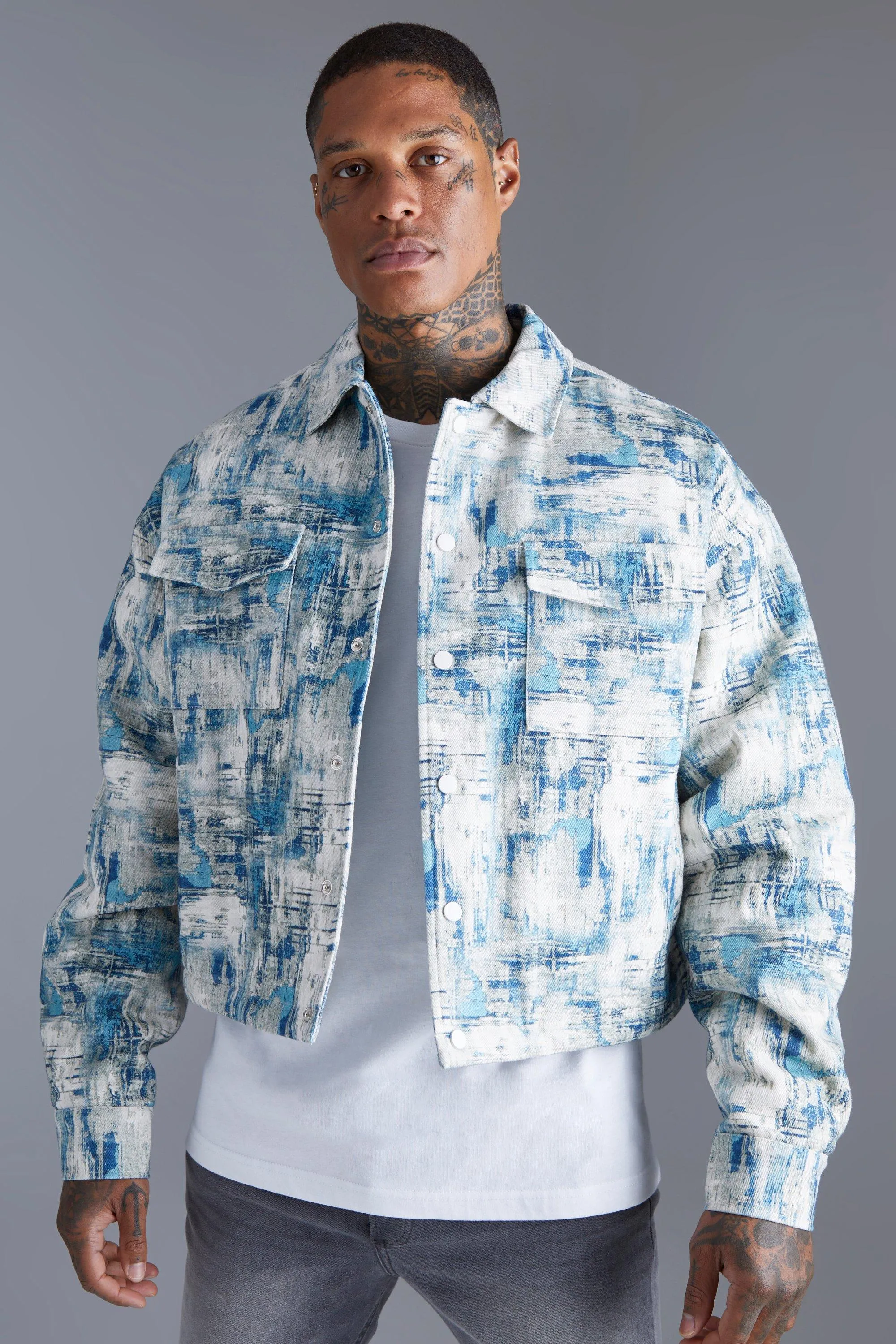 Jackets & Coats | Boxy Abstract Jacquard Harrington | boohooMAN