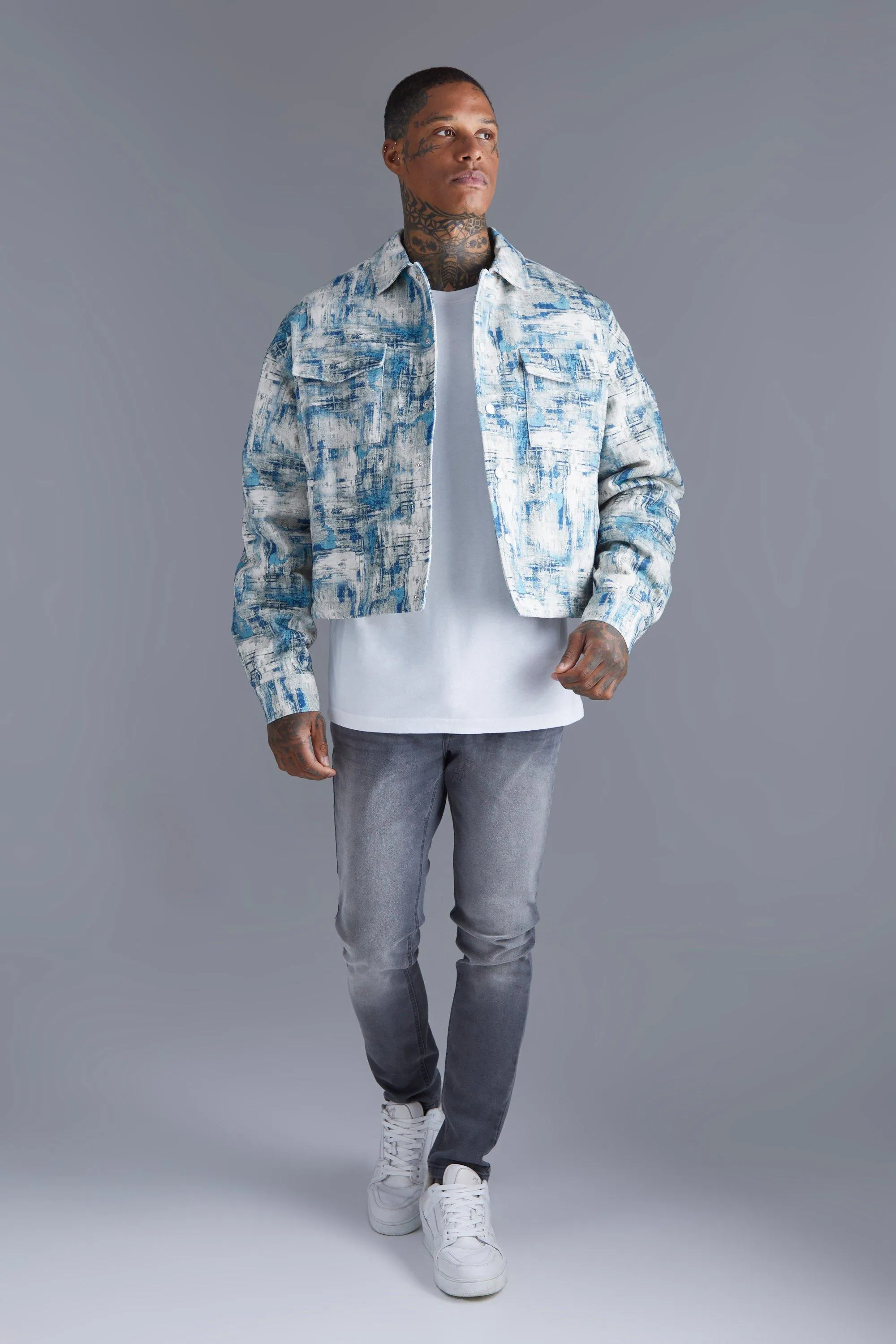 Jackets & Coats | Boxy Abstract Jacquard Harrington | boohooMAN