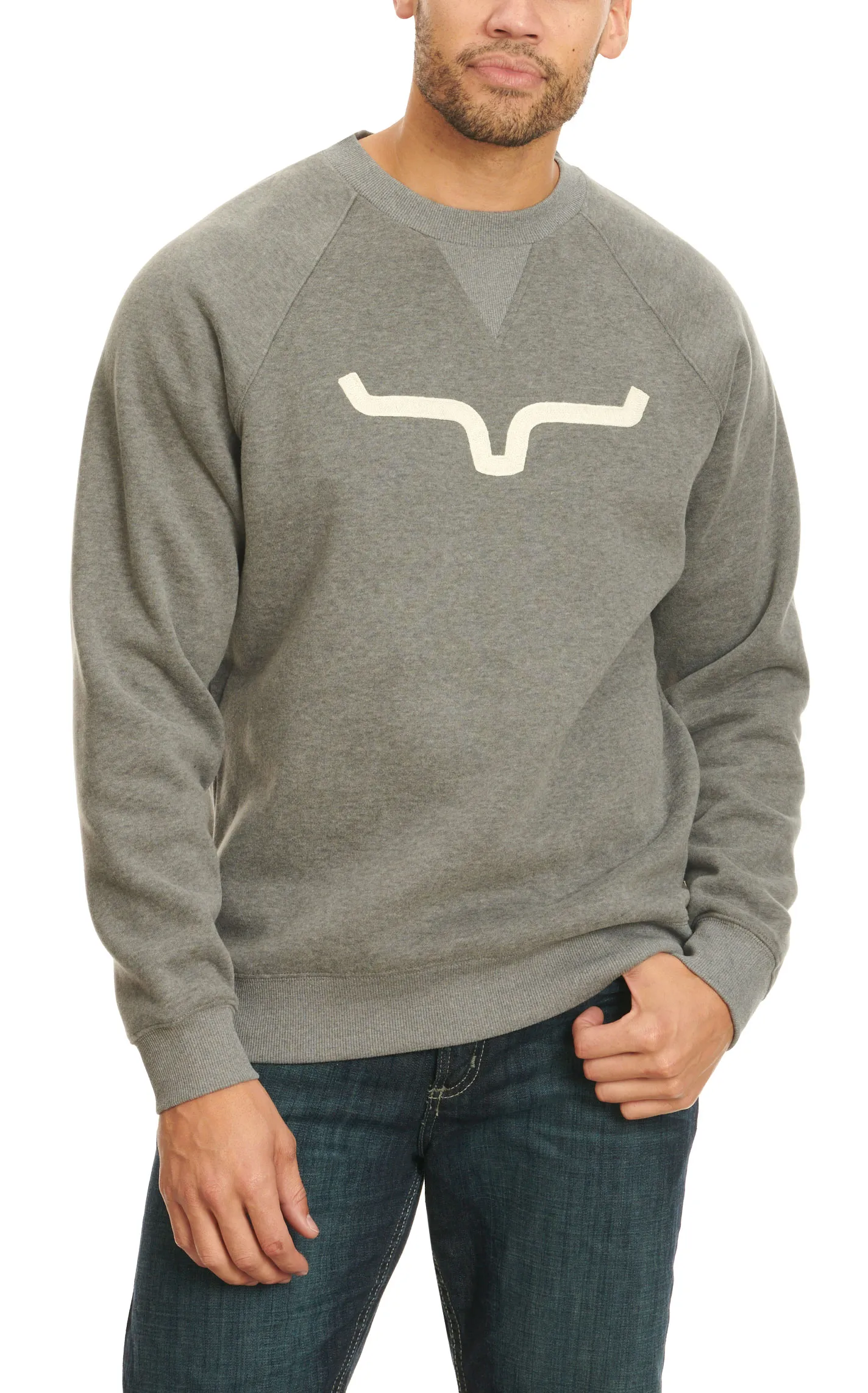 Kimes Ranch Men's Grey Vintage Crew Neck Cream Embroidery Logo Sweatshirt