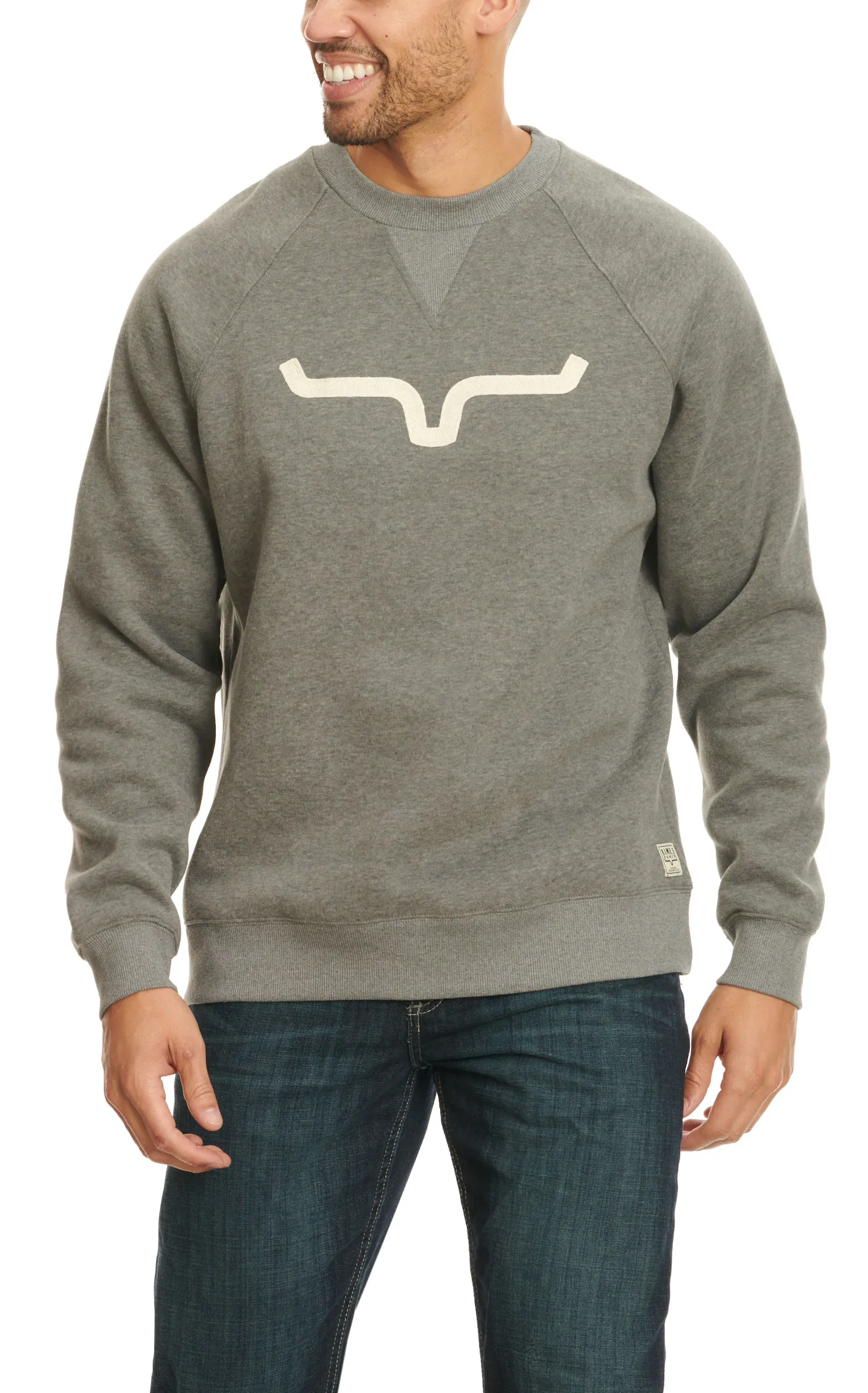 Kimes Ranch Men's Grey Vintage Crew Neck Cream Embroidery Logo Sweatshirt