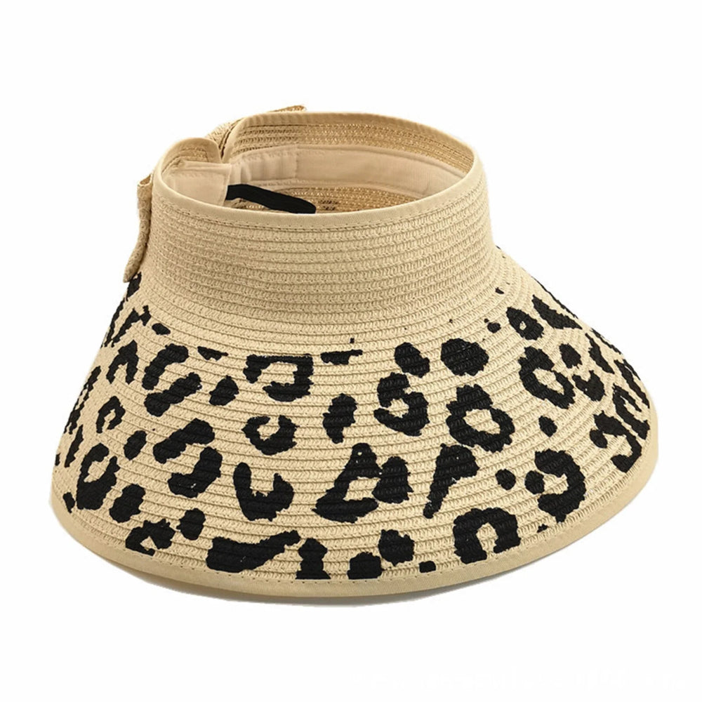 Ladies Straw Bow Leopard Print Straw Hat Vacation Travel Sunscreen Sunhat