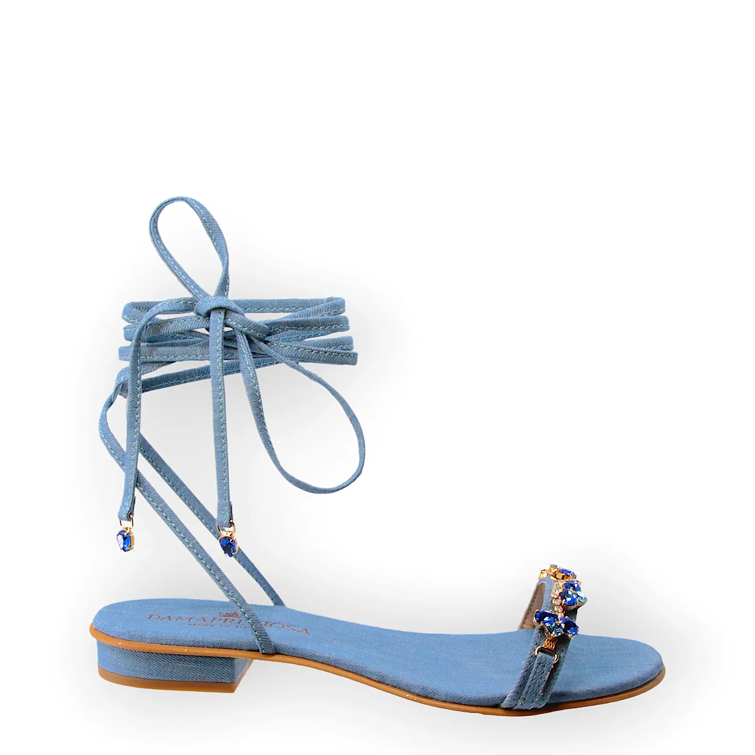 Lulù Light Blue Denim Lace-Up Flat Sandal With Sapphire crystal drops.