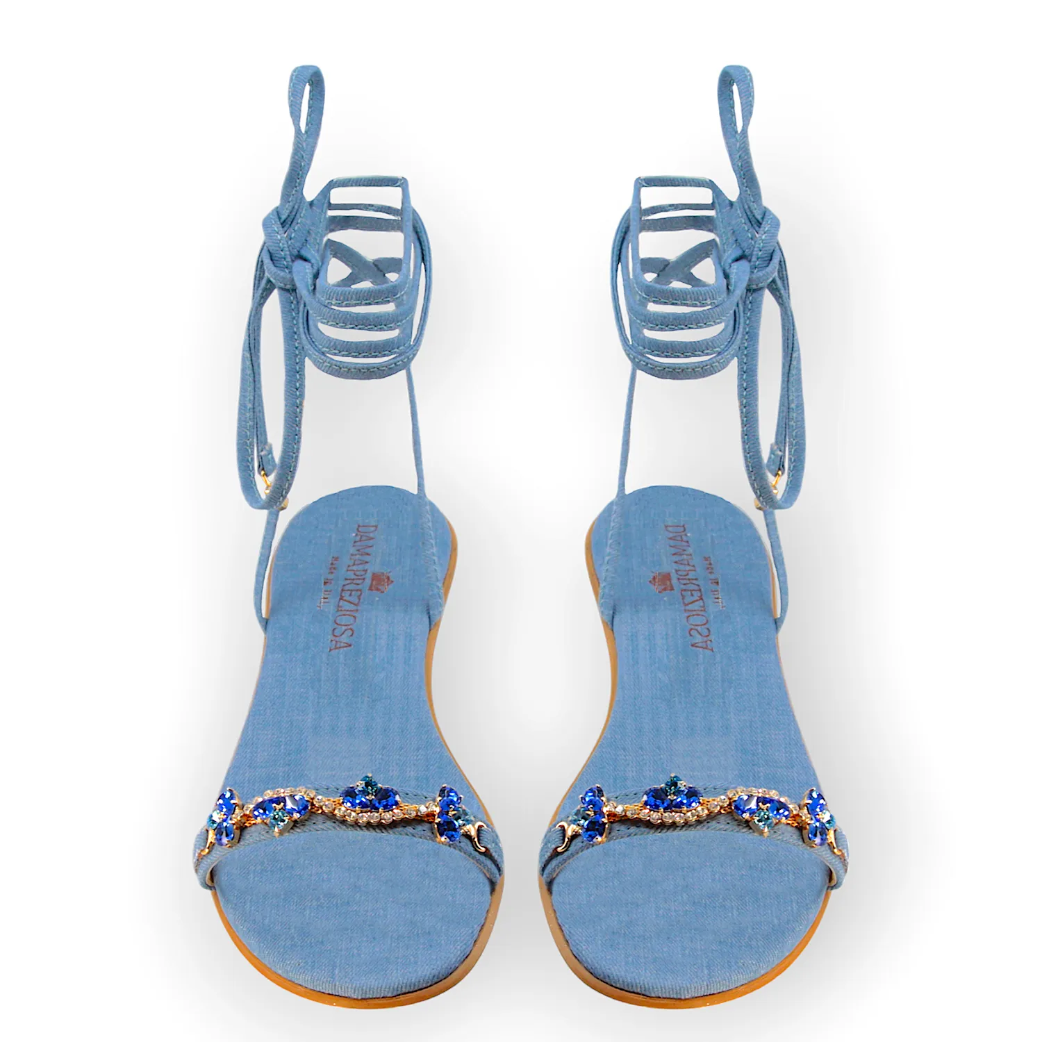 Lulù Light Blue Denim Lace-Up Flat Sandal With Sapphire crystal drops.