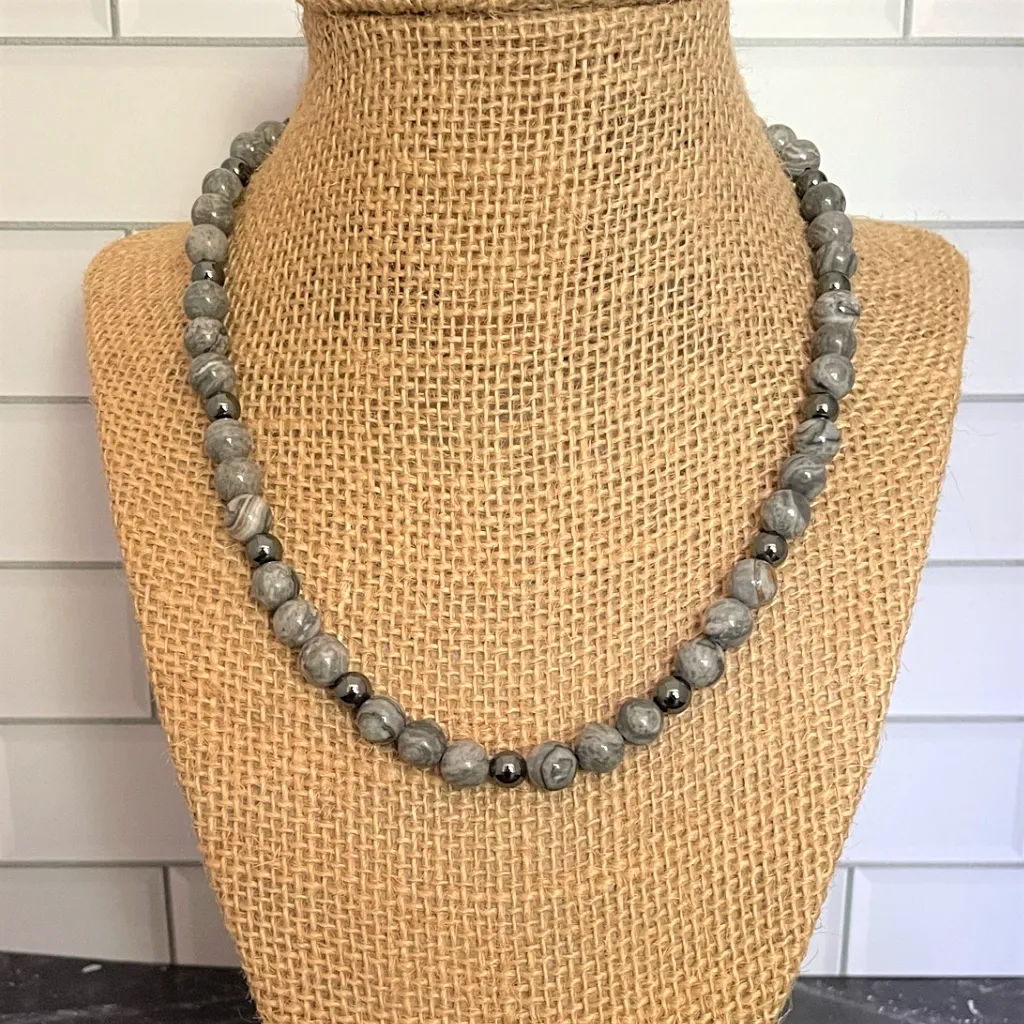 Mens Map Jasper Gray and Hematite Necklace