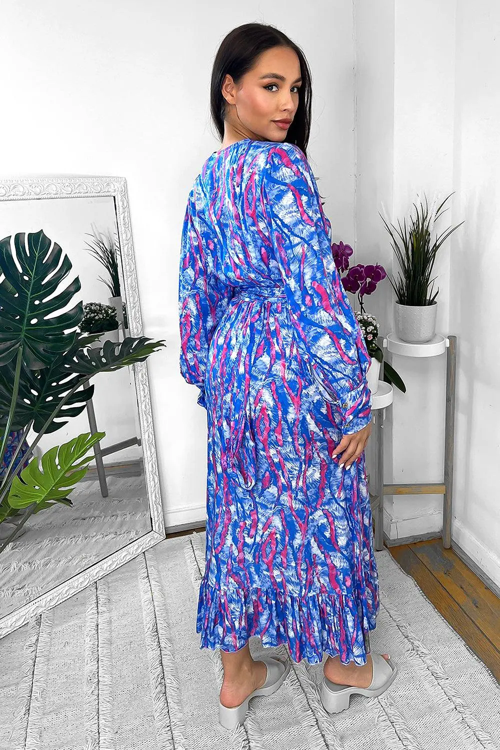 Mixed Abstract Print Wrap Over Midi Dress