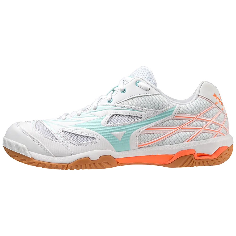 Mizuno Wave Fang NX Badminton Shoes | White/Tanager Turquoise/Light Orange