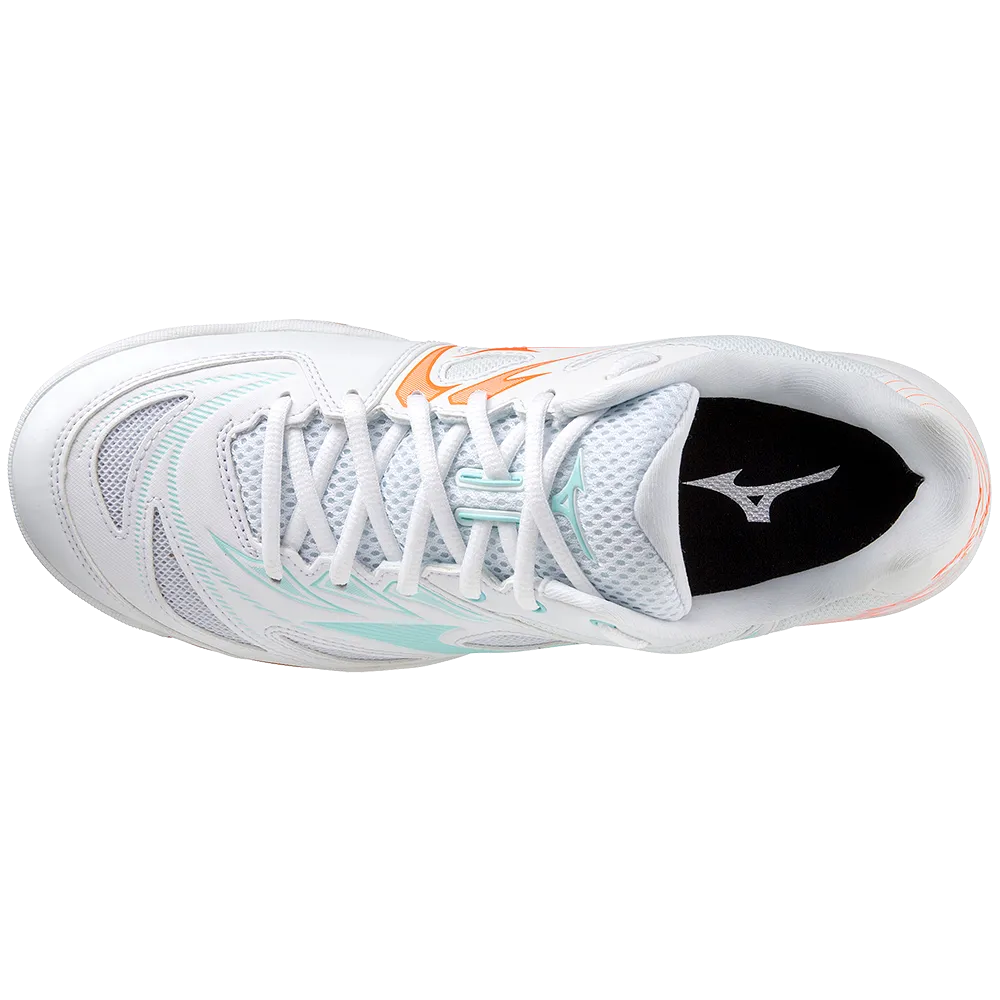 Mizuno Wave Fang NX Badminton Shoes | White/Tanager Turquoise/Light Orange