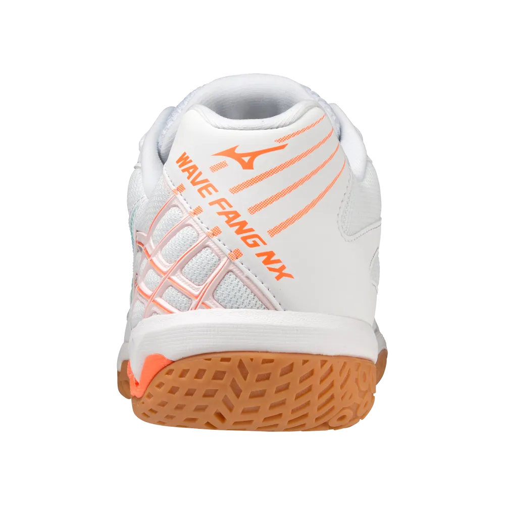 Mizuno Wave Fang NX Badminton Shoes | White/Tanager Turquoise/Light Orange