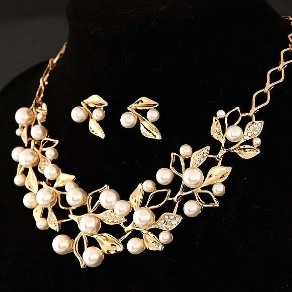 Pearl and Rhinestone Leaf Necklace