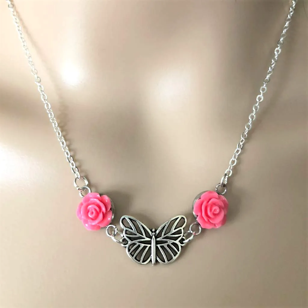 Silver Butterfly Necklace With Pink Roses