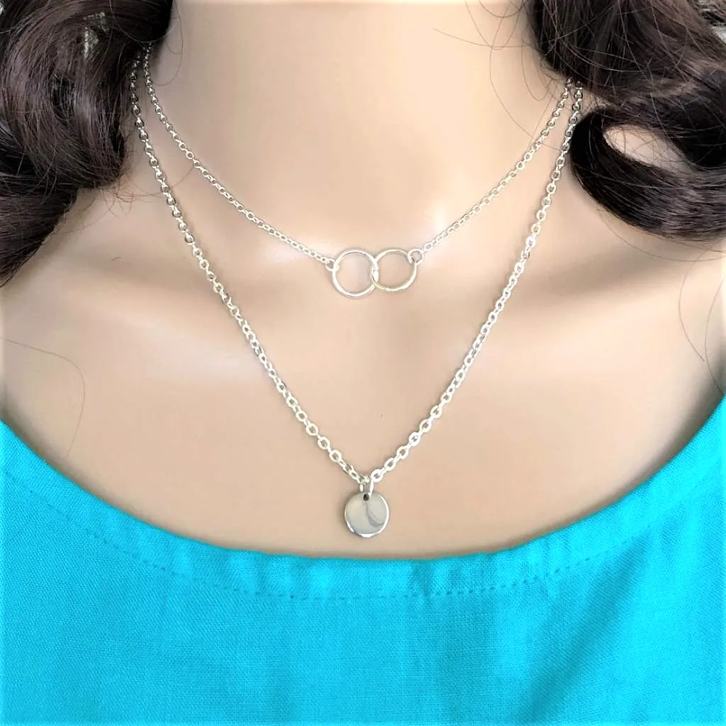 Silver Layered Ring and Disc Necklace