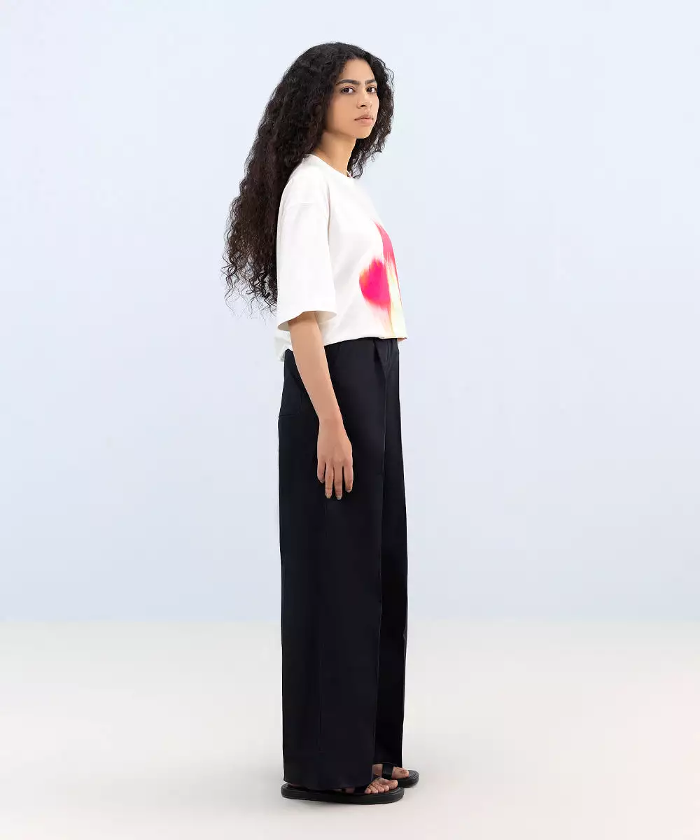 Stretched Cotton Wide Leg Trousers