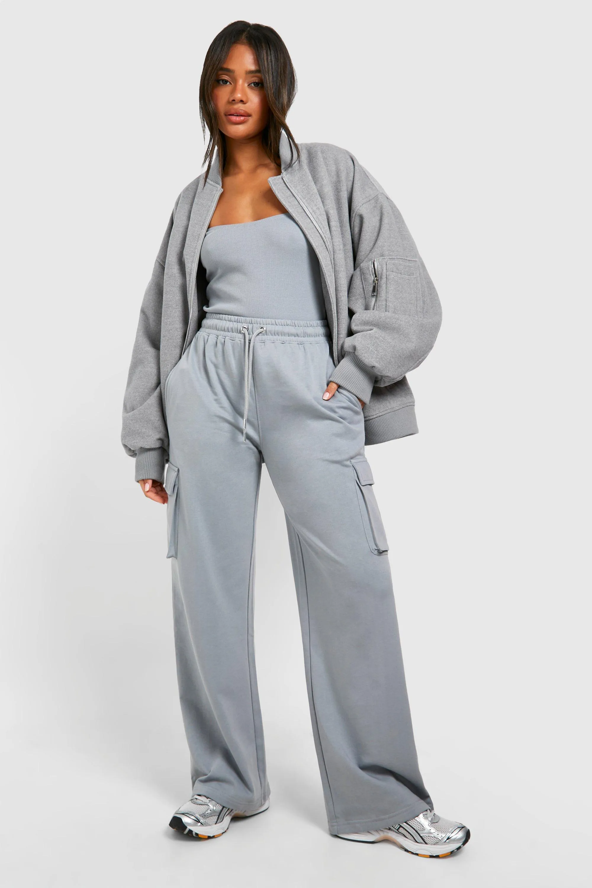 Tracksuits | Rib Bandeau Bodysuit And Straight Leg Cargo Jogger Set | boohoo