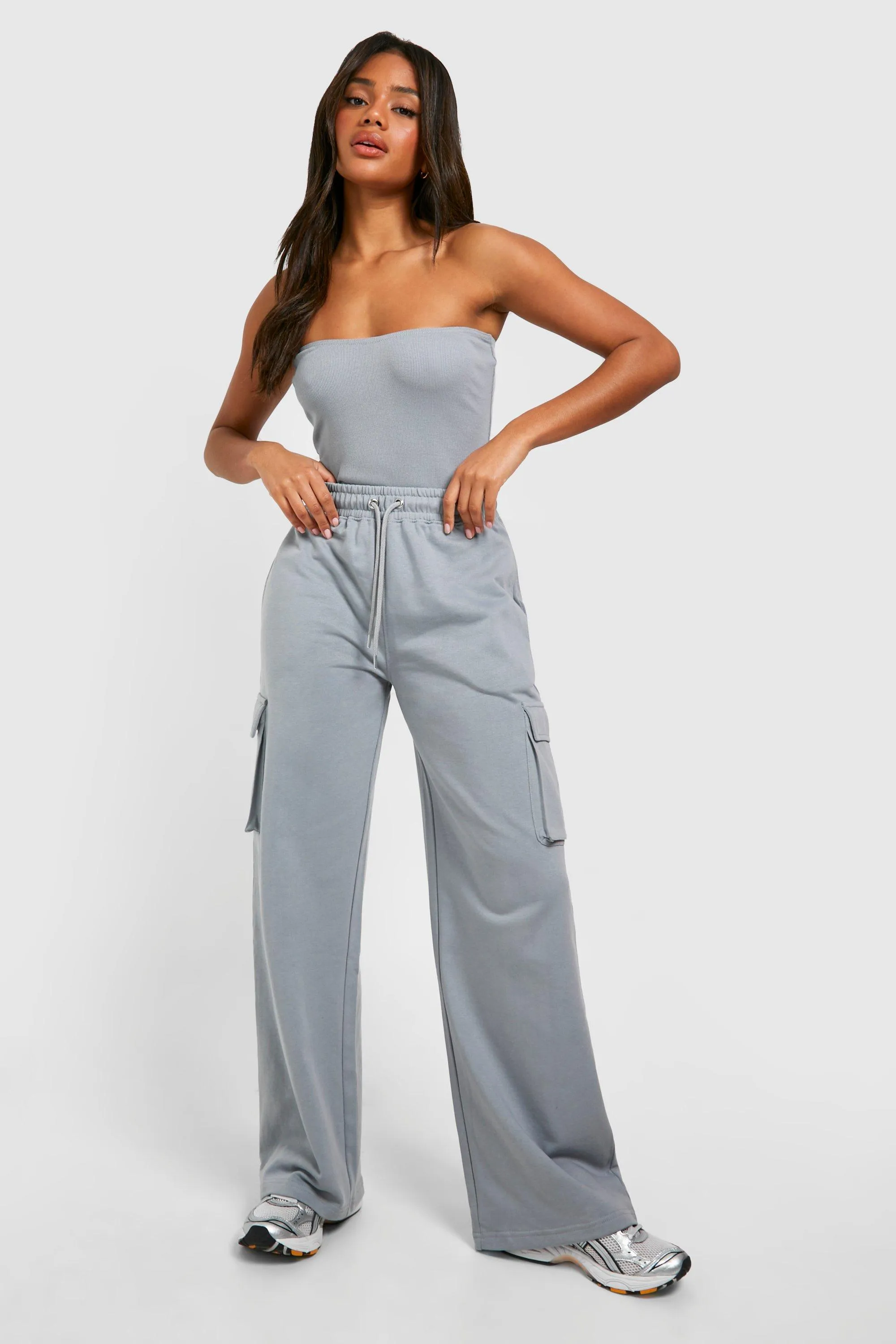 Tracksuits | Rib Bandeau Bodysuit And Straight Leg Cargo Jogger Set | boohoo