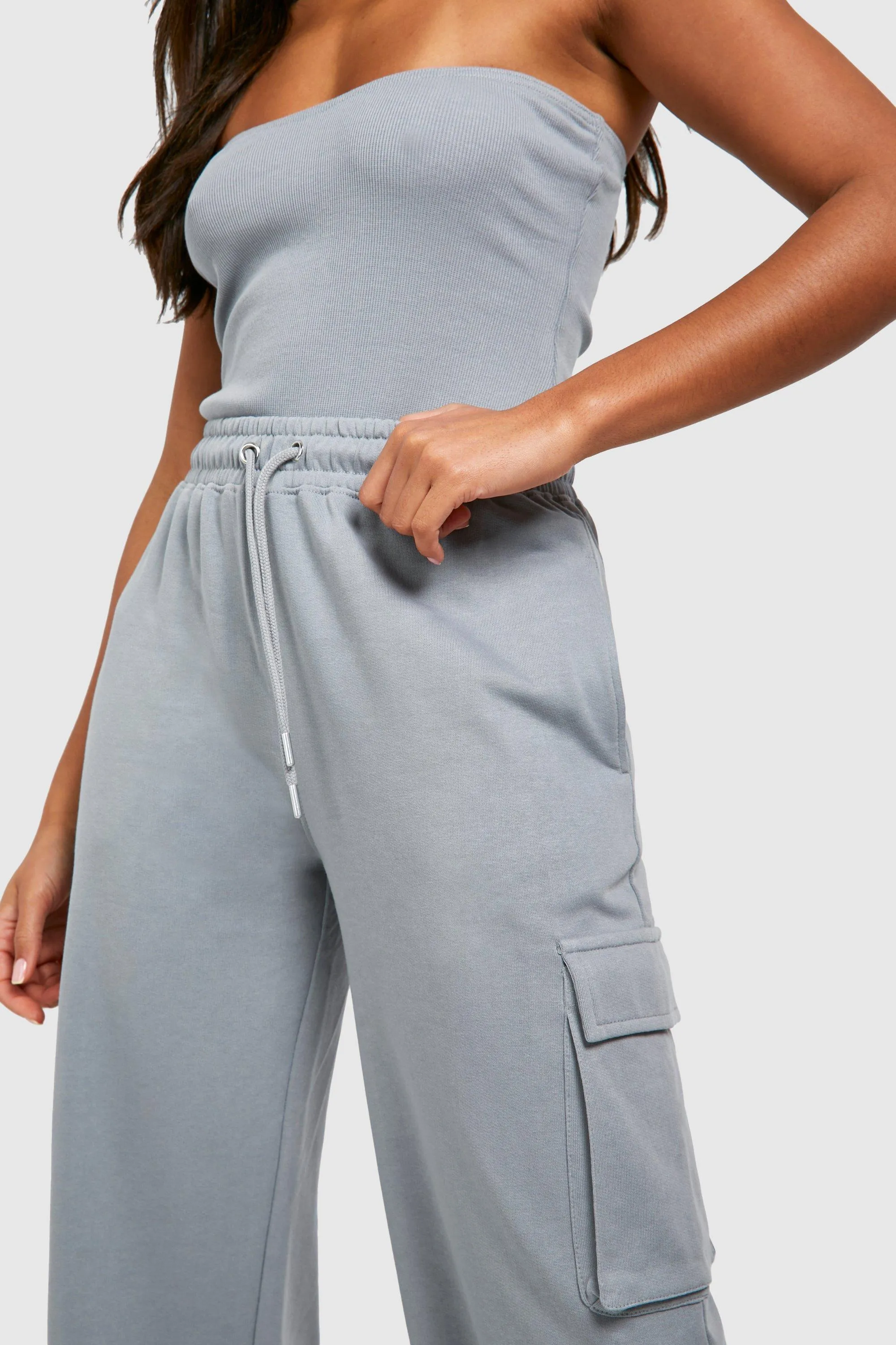 Tracksuits | Rib Bandeau Bodysuit And Straight Leg Cargo Jogger Set | boohoo