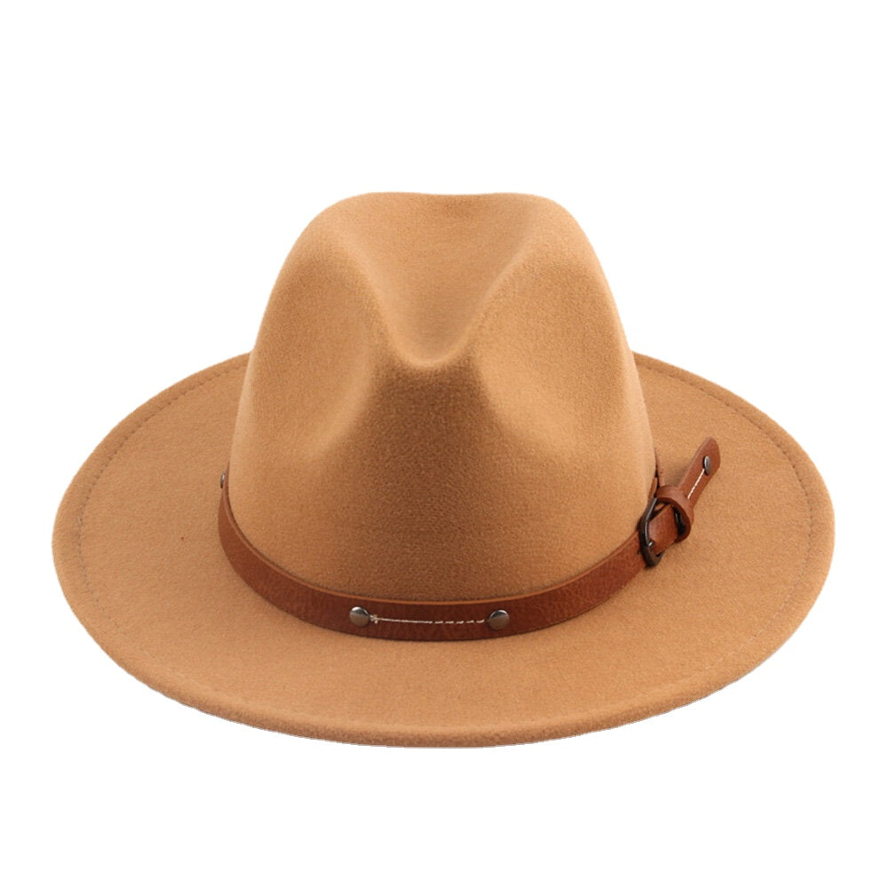 Unisex British Style Leather Belt Buckle Flat Brim Top Hat Fashion Outdoor Wide Brim Felt Hat