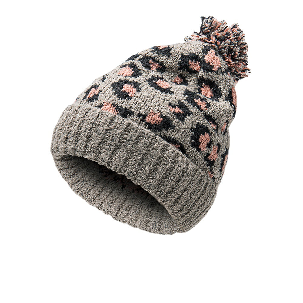 Unisex Knitted Leopard Pattern Fur Ball Decoration Flanging Casual Warmth Beanie Hat