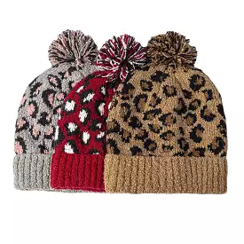 Unisex Knitted Leopard Pattern Fur Ball Decoration Flanging Casual Warmth Beanie Hat