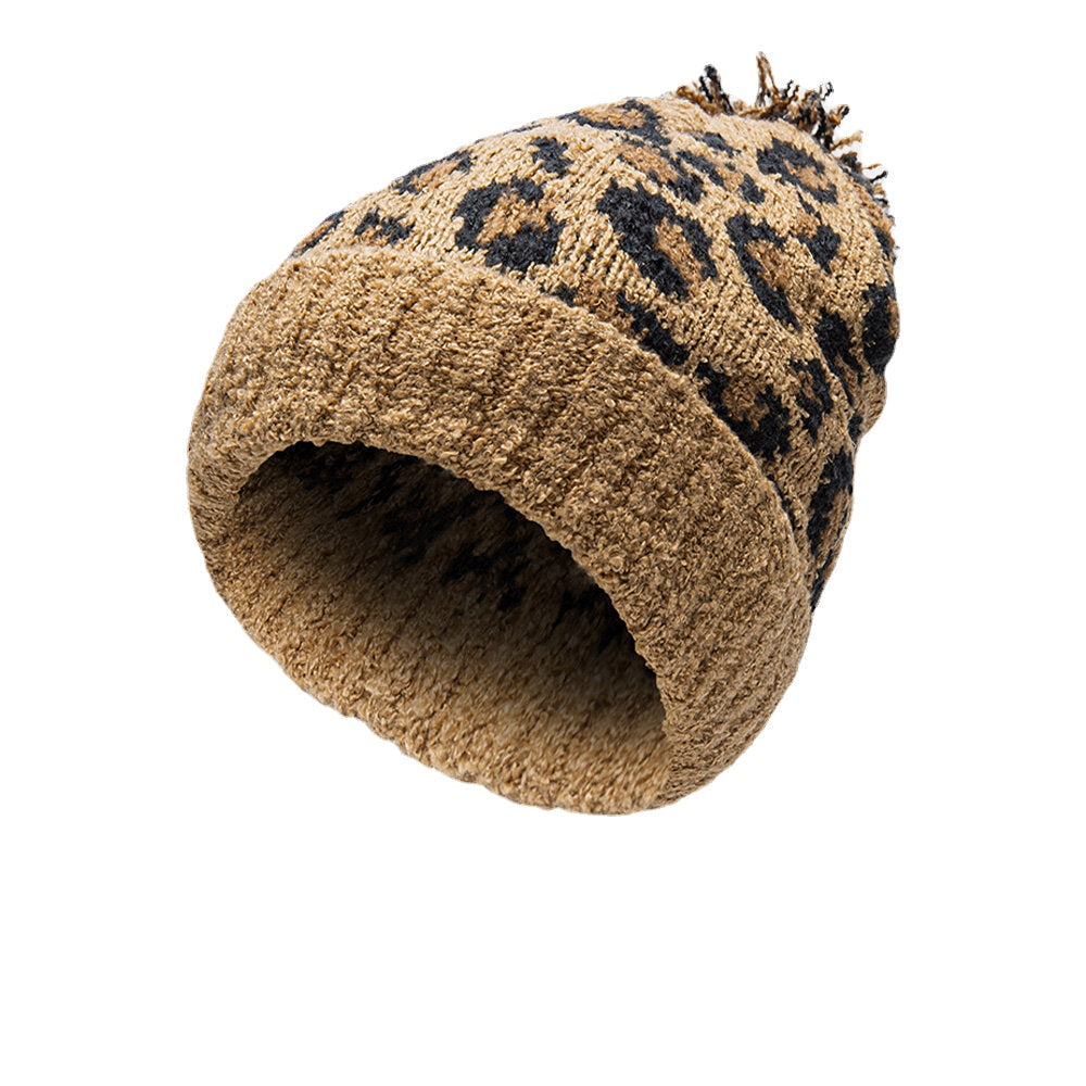 Unisex Knitted Leopard Pattern Fur Ball Decoration Flanging Casual Warmth Beanie Hat