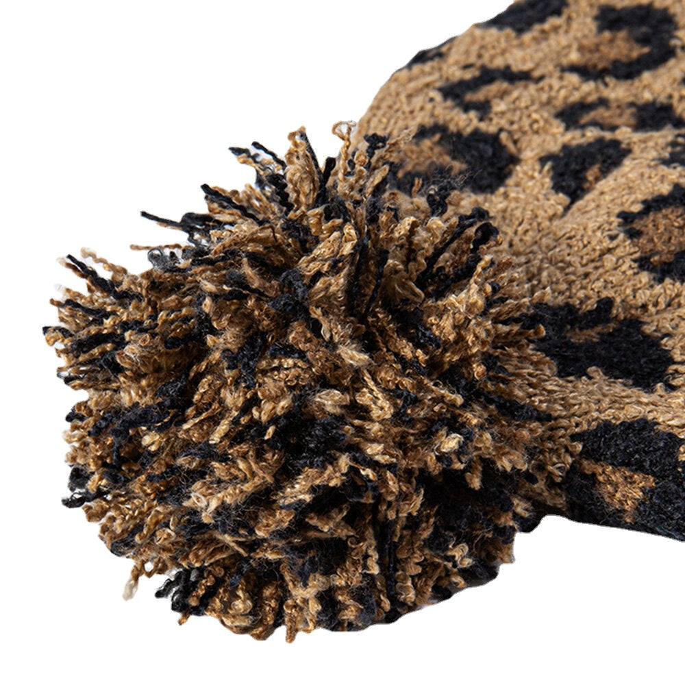 Unisex Knitted Leopard Pattern Fur Ball Decoration Flanging Casual Warmth Beanie Hat