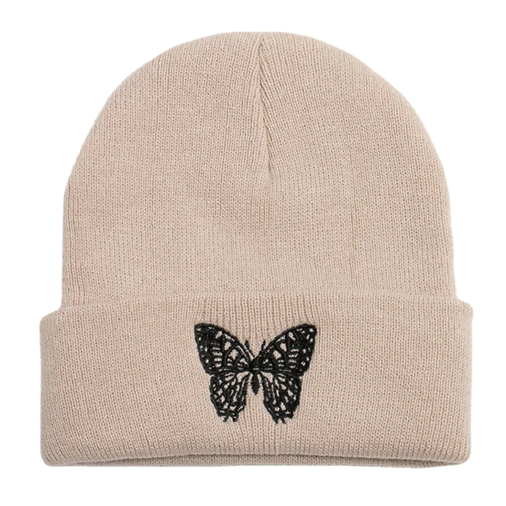 Unisex Wool Warm Elastic Casual Cartoon Butterfly Embroidery Pattern Knitted Hat Brimless Beanie