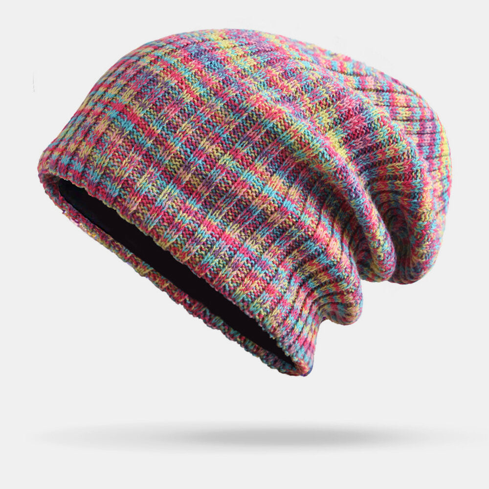 Unisex Woolen Mixed Rainbow Color Stripes Pattern Plus Velvet Thick Warm Couple Hat Beanie Knitted Hat