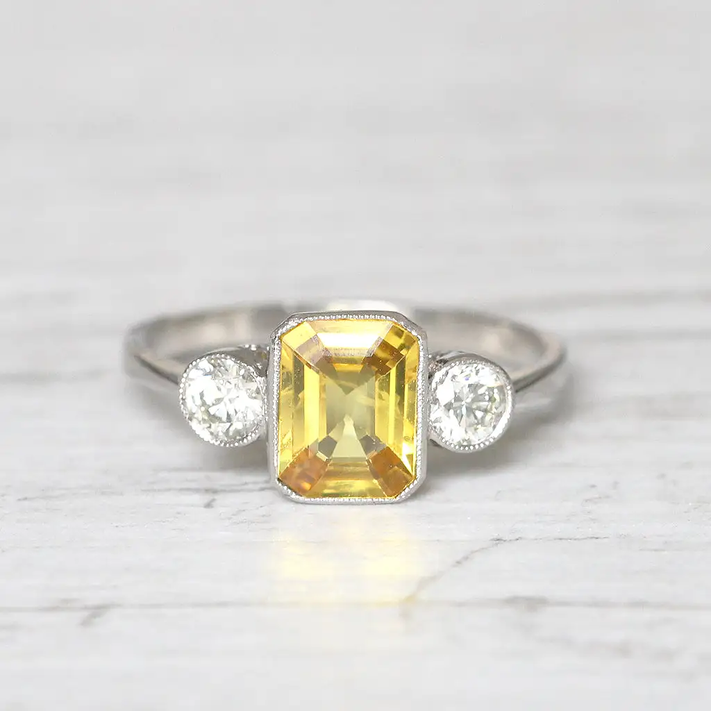 Vintage Style 1.70 Carat Yellow Sapphire and Diamond Three Stone