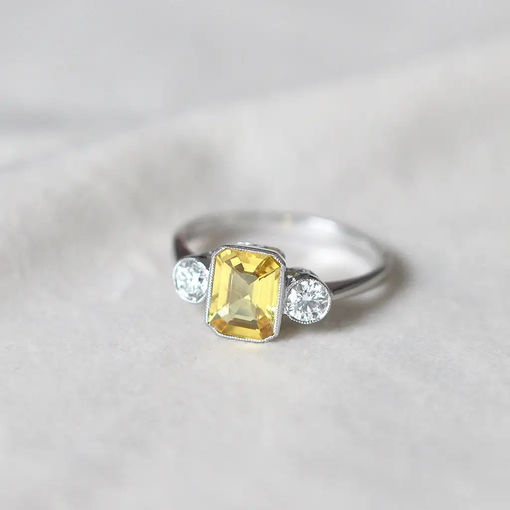 Vintage Style 1.70 Carat Yellow Sapphire and Diamond Three Stone