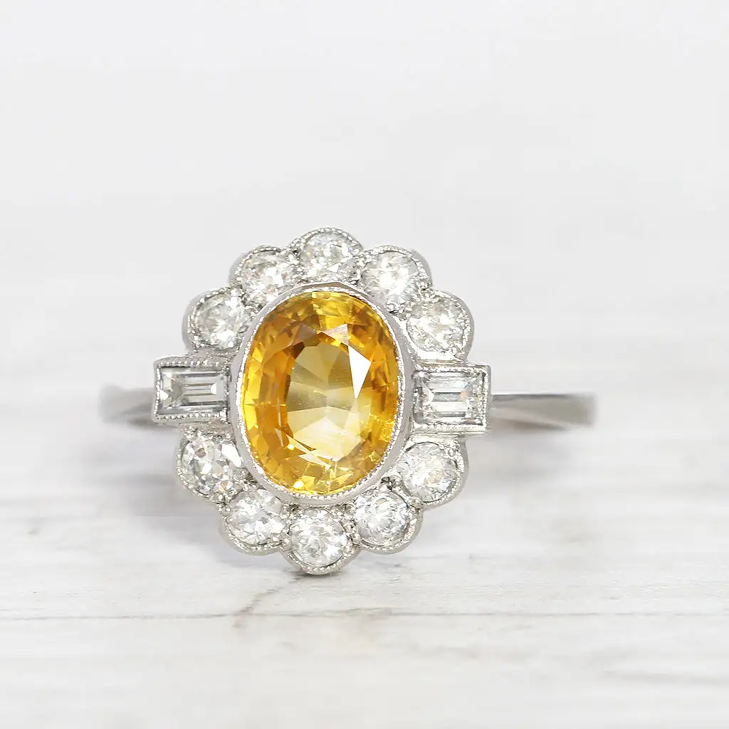 Vintage Style 1.77 Carat Yellow Sapphire and Diamond Cluster