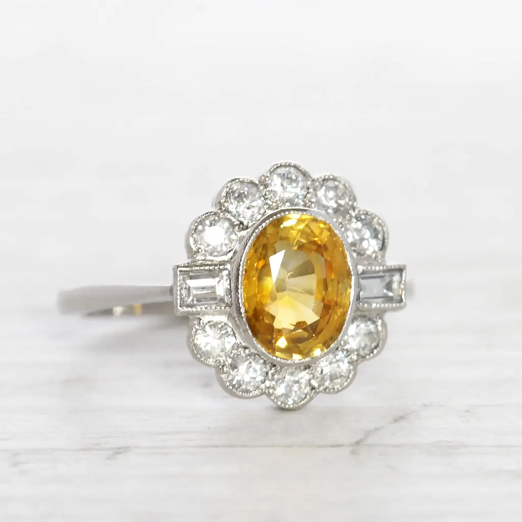 Vintage Style 1.77 Carat Yellow Sapphire and Diamond Cluster